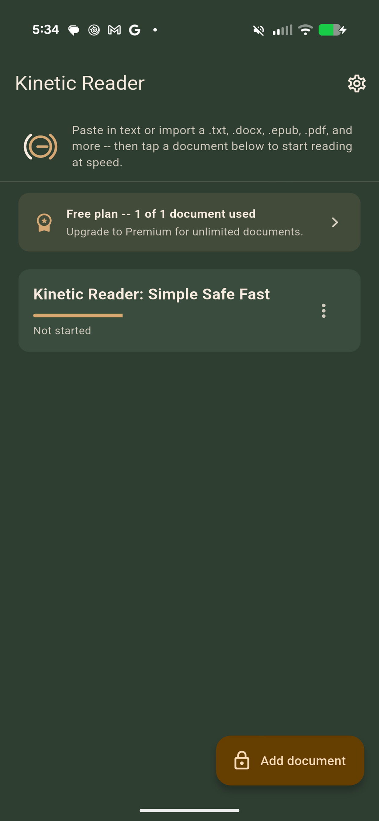 Kinetic Reader library screen showing saved documents and the free plan usage banner