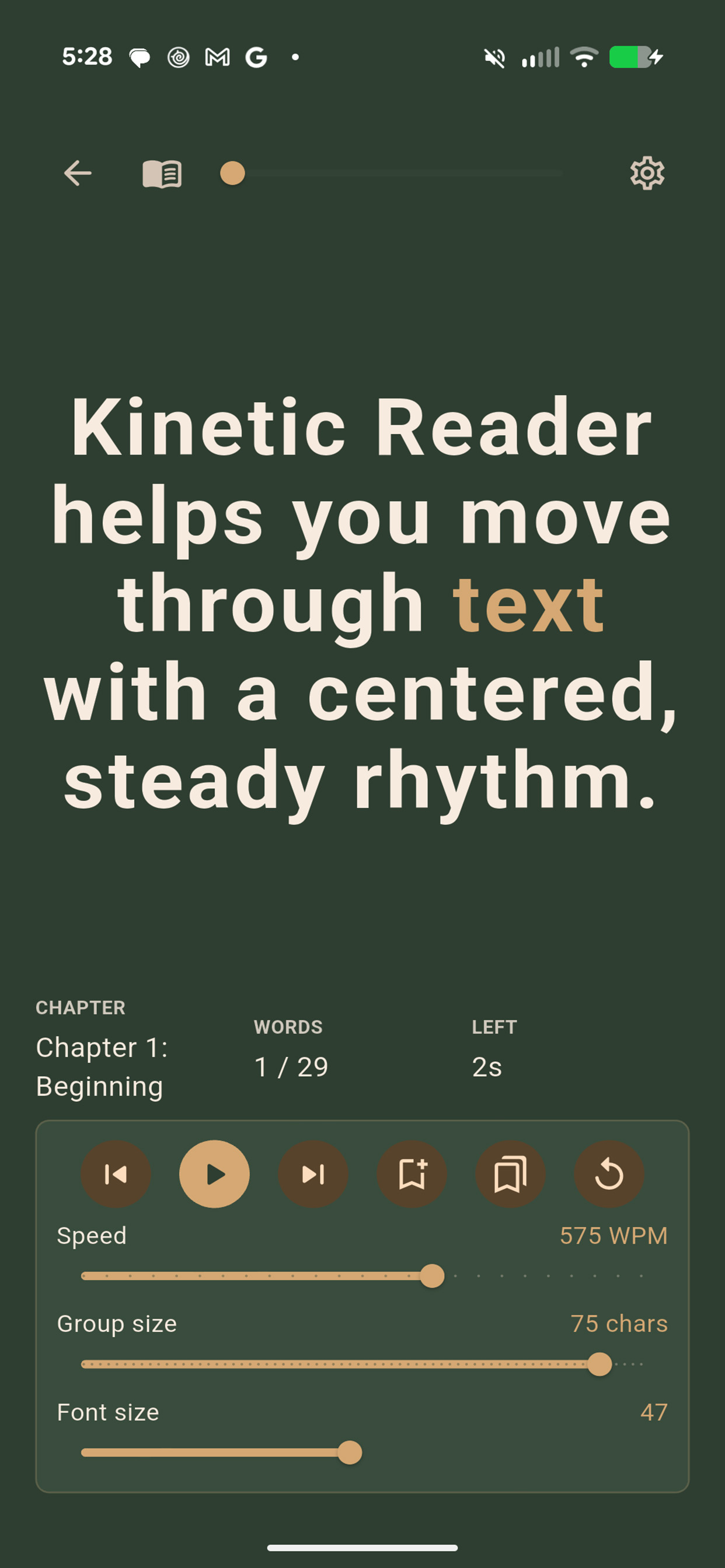 Kinetic Reader reading screen showing a word displayed at speed with chapter, speed, group size, and font size controls