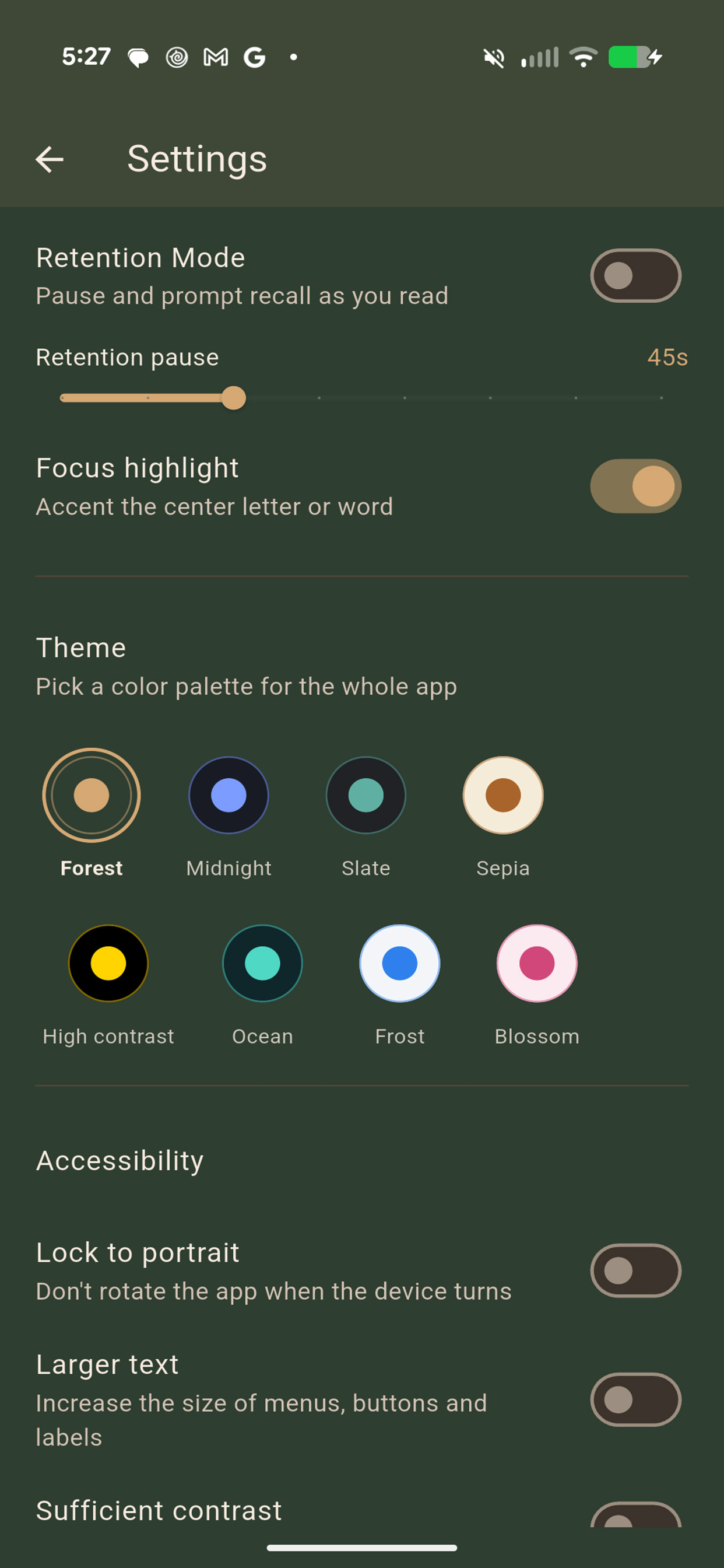 Kinetic Reader settings screen showing the eight color themes and accessibility options