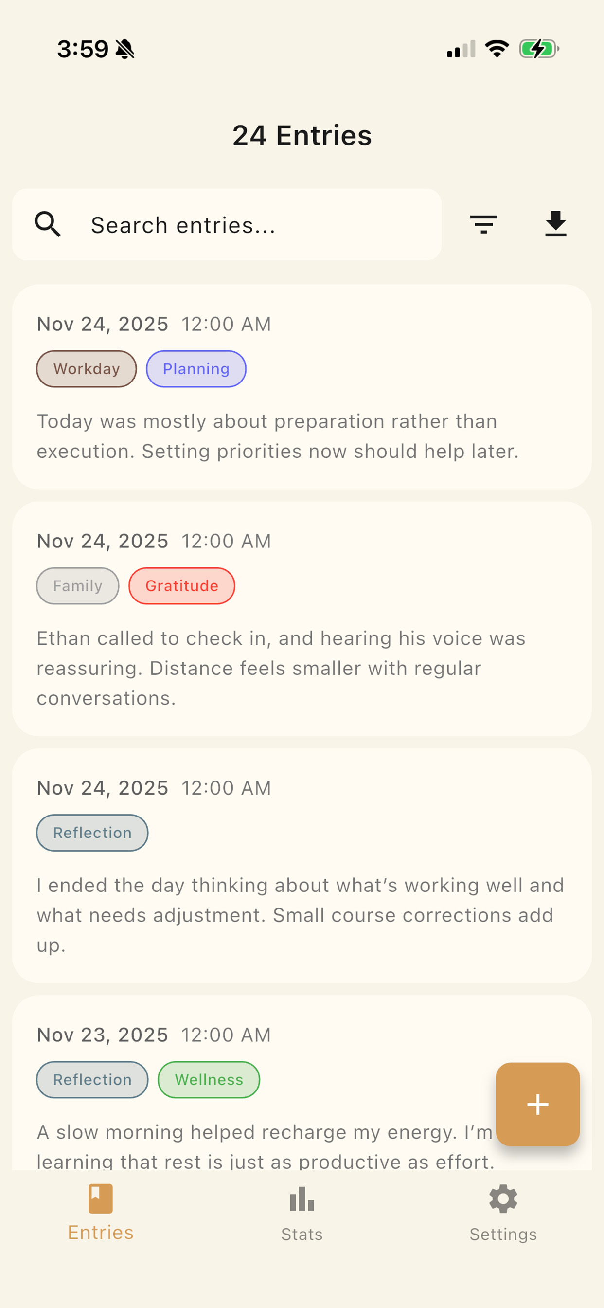 Journal entries list screen