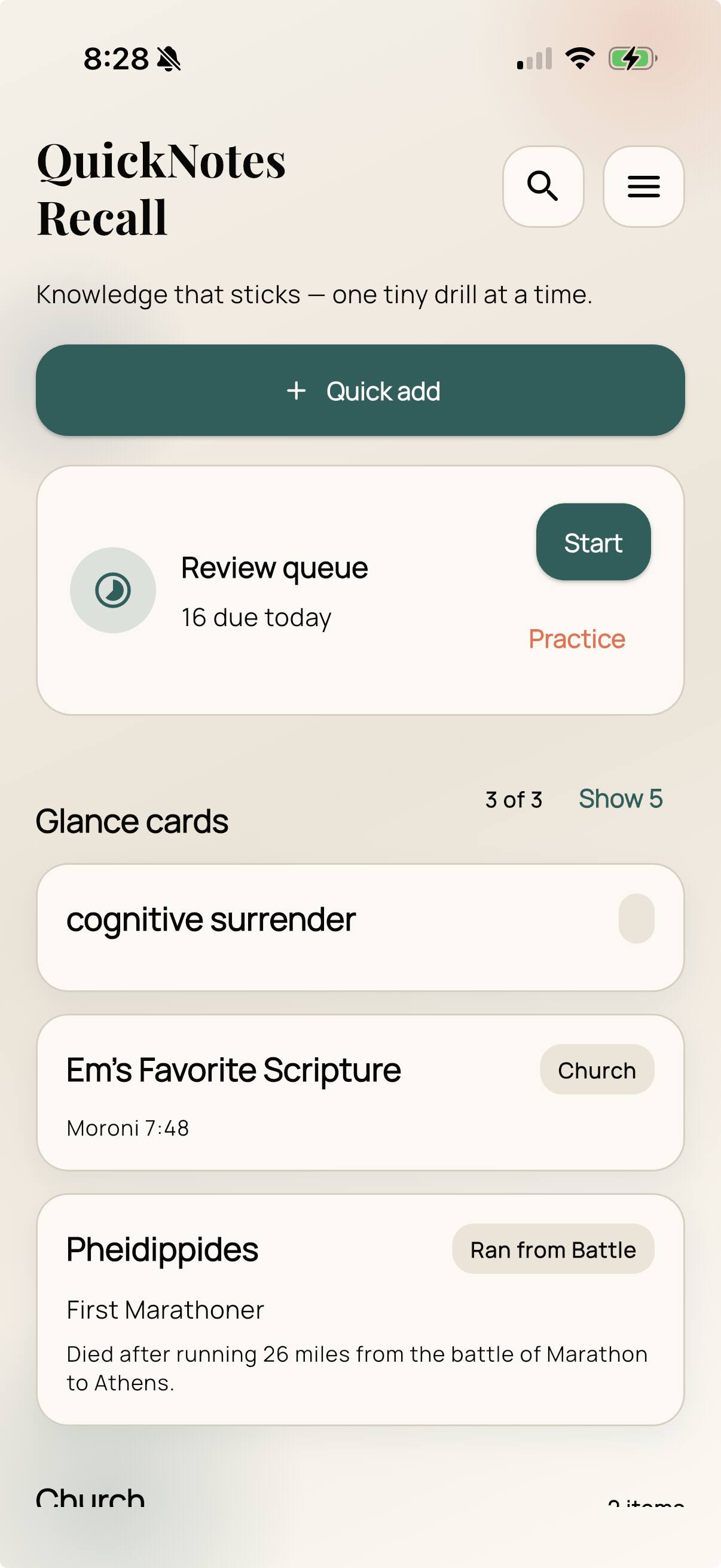 QuickNotes Recall home screen