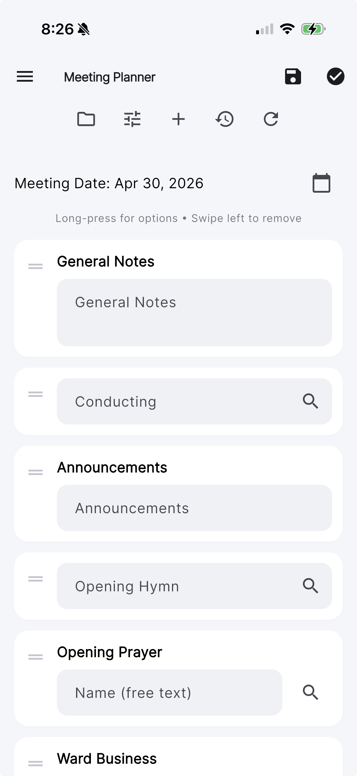 WardTrack meeting planner screen